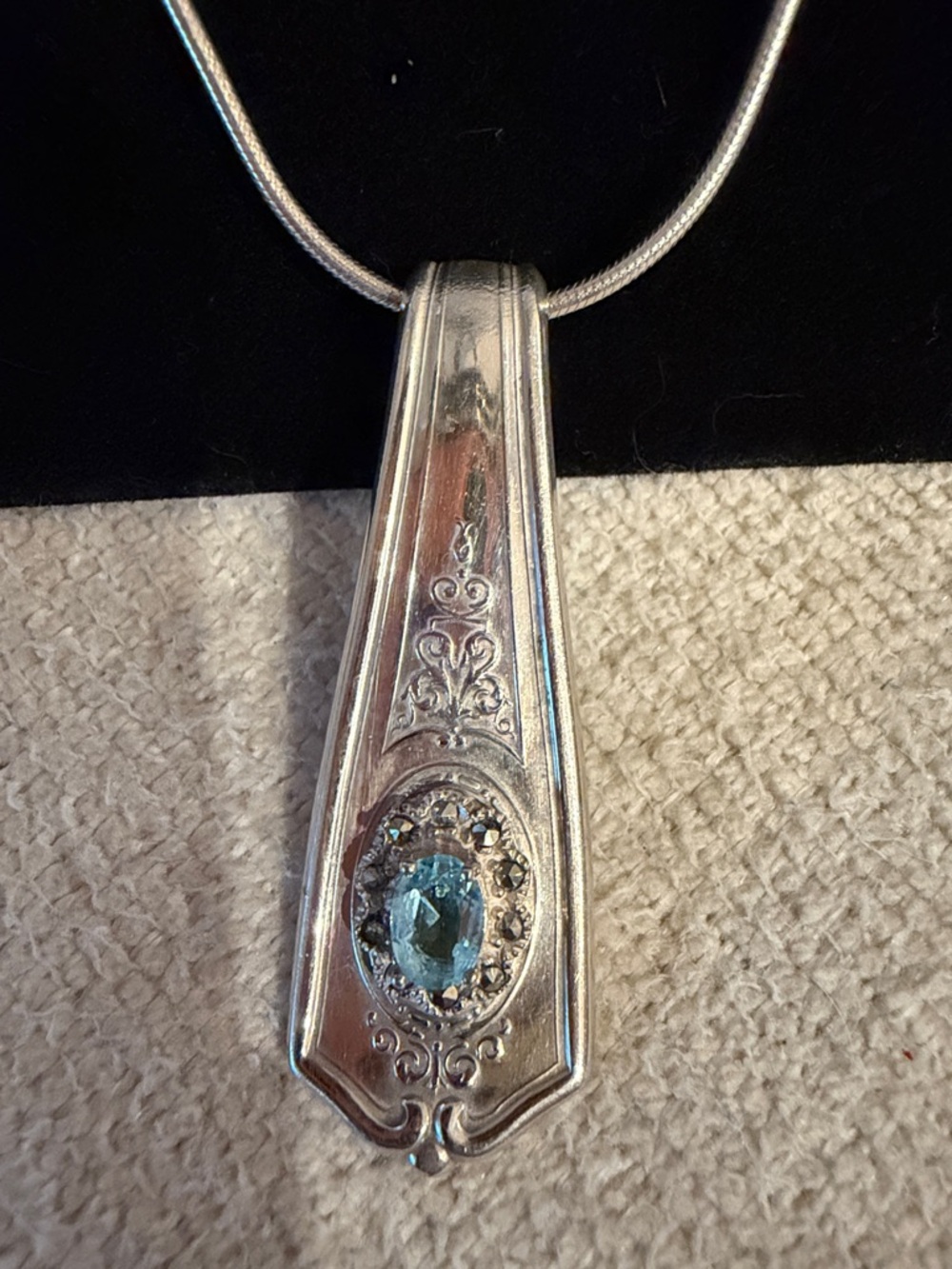 Silver Teardrop Pendant Necklace with Blue Stone Accent - Picture 2 of 5
